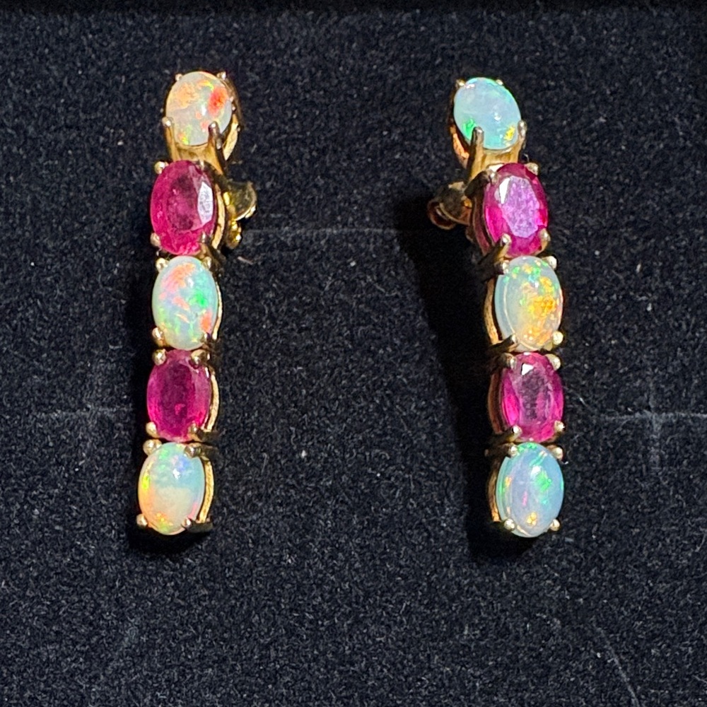 Gold Opal and Pink Stone Drop Earrings